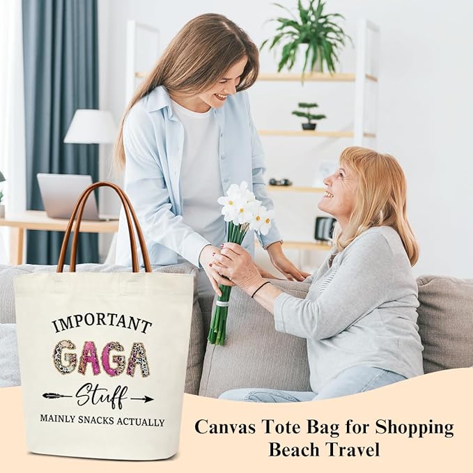 Canvas Tote Bag for Women, Important Stuff Bag with Leather Handle, Reusable Grocery Bags for Shopping Beach Travel