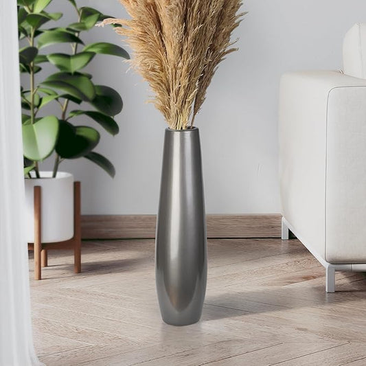 Silvery Ceramic Tall Floor Vase,17.7 Inch Large Modern Flower Vases for Home Décor,Wicker Big Floor Vases Decorations for Farmhouse, Living Room,Bedroom,Standing Plastic Vase Decorative Tall