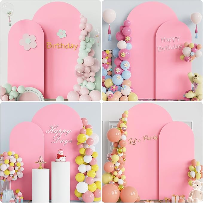 Putros Metal Arch Stand with Cover Set of 2 Pink Spandex Fitted Wedding Arch Cover and Round Top Chiara Backdrop Stand for Birthday Party Baby Shower Decoration 7.2FT, 6FT