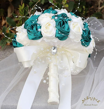 Bridal Wedding Bouquet Round Bling Brooch Bouquet Throw Toss Artificial Rose Flower Bunch for Bride Bridesmaid Wedding Quinceanera(Dark Green & Ivory, 9.8")