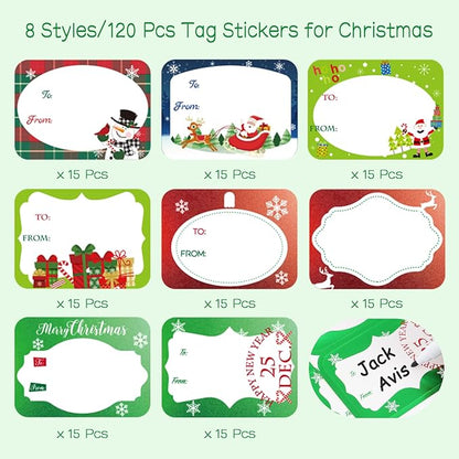 Jumbo Christmas Name Tags Stickers 120 Pack/8 Designs -Gift Tag with Reflective Metallic Foil for Christmas Presents (Snow White)