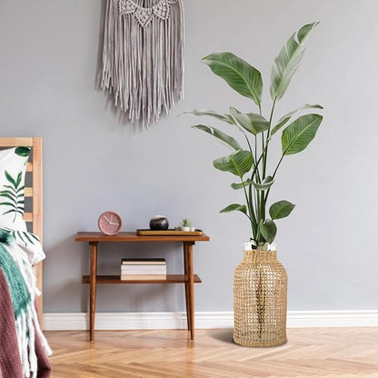 Rattan Glass Vase, 8 in Woven Vase, Glass Vase Wrapped with Wicker, Indoor and Outdoor Use, Rustic Style, Ideal for Home Decor