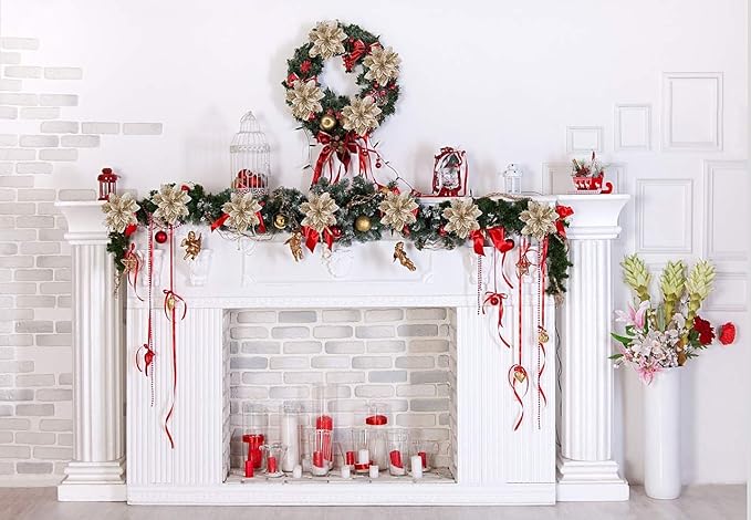 RECUTMS 10 Pcs Christmas Glitter Artificial Poinsettia Flowers 6 inch Christmas Wreath Christmas Tree Flowers Ornaments Holiday Seasonal Decorations for Xmas New Year Wedding Party (Gold)