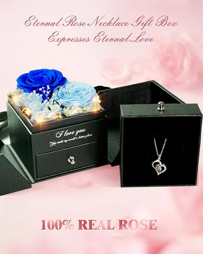 Birthday Gifts for Women, Preserved Real Roses with Heart Necklace I Love You in 100 Languages, Romantic Anniversary Wedding Christmas Gifts for Women Her Girlfriend Wife, 2 Blue Forever Roses Necklace Gift Box