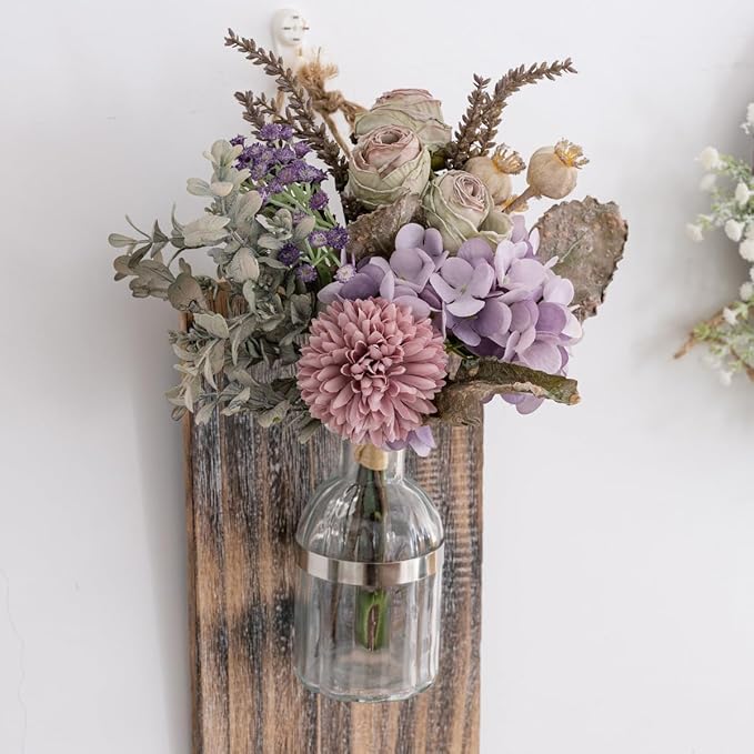 13-inch Small Artificial Fake Flowers for Table Arrangements, Silk Faux Bouquets with Three Roasted Edge Roses, Hydrangeas, Globeflower, babysbreaths, Ideal for The Kitchen or Bedroom.