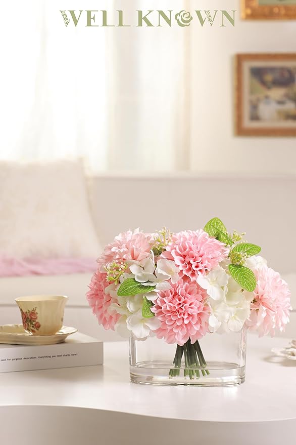WELL KNOWN Artificial Hydrangea Dahlia Flowers in Vase, Faux Silk Flowers Arrangement with Big Glass Vase for Home Wedding Party Dining Table Centerpiece Home Office Decor & Women Mom's Gift (Pink)