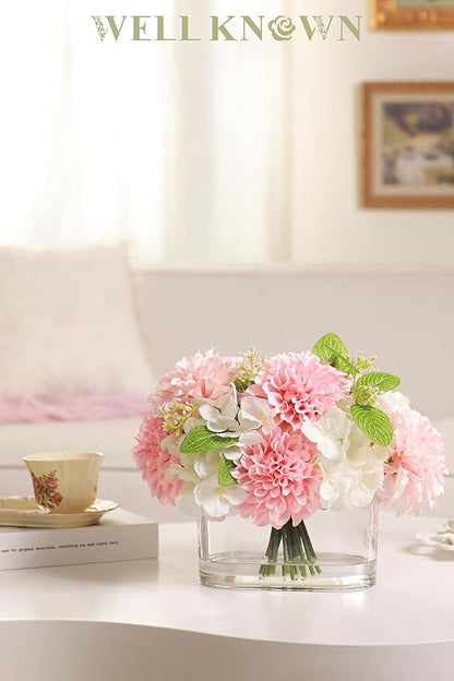 WELL KNOWN Artificial Hydrangea Dahlia Flowers in Vase, Faux Silk Flowers Arrangement with Big Glass Vase for Home Wedding Party Dining Table Centerpiece Home Office Decor & Women Mom's Gift (Pink)