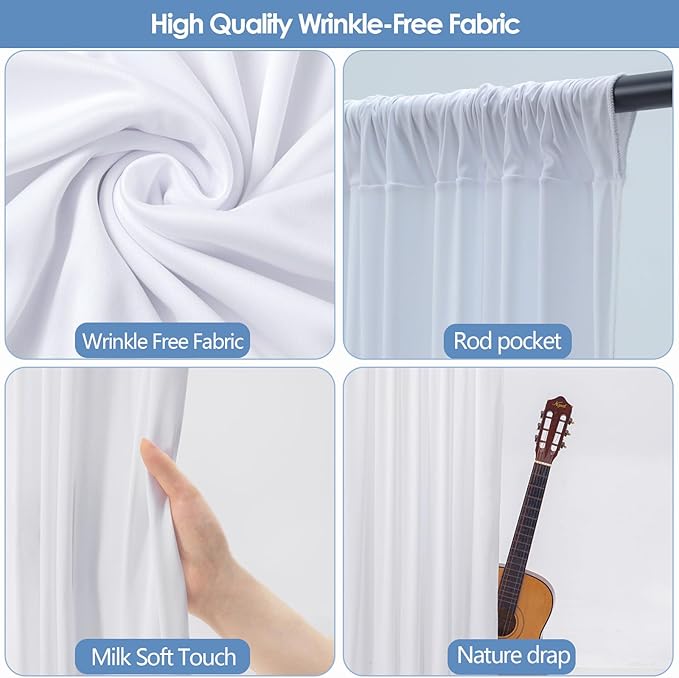 Wrinkle Free White Backdrop Curtain for Parties 20x7ft Soft Fabric Drapes Wedding White Curtain Backdrop for Birthday Party Decorations Background for Photography 5x7ft, 4 Panels
