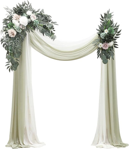 Floroom Arch Flowers with Drapes Kit (Pack of 4) - 2pcs Artificial Emerald & Sage Green Floral Swag Arrangement with 2pcs Draping Fabric for Wedding Ceremony Arbor and Reception Backdrop Decoration