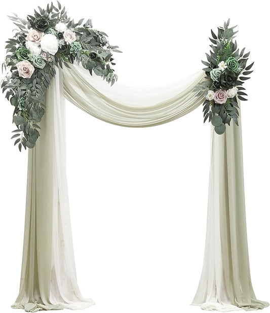 Floroom Arch Flowers with Drapes Kit (Pack of 4) - 2pcs Artificial Emerald & Sage Green Floral Swag Arrangement with 2pcs Draping Fabric for Wedding Ceremony Arbor and Reception Backdrop Decoration