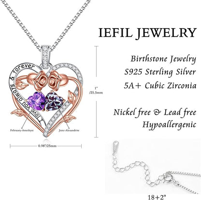 Iefil Rose Heart Double Birthstone Necklace Gifts for Wife Her Mom Women, Birthstone Jewelry Gemstone Birthday Gifts for Girlfriend Grandma Her Wife Women