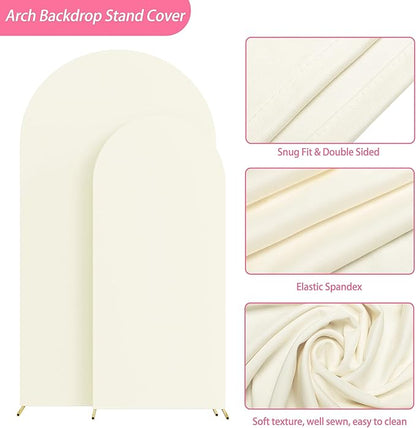 Putros Metal Arch Stand with Cover Set of 2 Ivory Spandex Fitted Wedding Arch Cover and Round Top Chiara Backdrop Stand for Birthday Party Baby Shower Decoration 7.2FT, 6FT