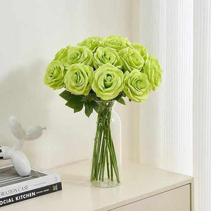 15pcs Green Fake Roses Artificial Silk Flowers Faux Rose Flower Long Stems Bouquet for Arrangement Wedding Centerpiece Party Home Kitchen Decor