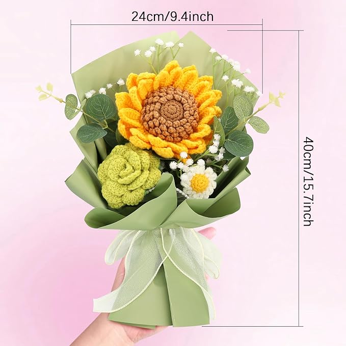 Handmade Crochet Sunflowers Rose Daisy as a Gift for Lover, Family,Friends. Crochet Bouquet, Crocheted Yarn Flowers, Artificial Flower Finished Bouquet (Yellow&Brown)