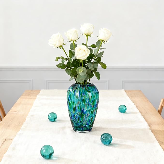 9" Tall Teal Vase Hand Blown Glass Vase Green, Modern Teal Home Centerpieces Wide Mouth Vases for Bud&Flower Decor - Ideal Living Room, Kitchen, Wedding, Dining Table, Office Center Table