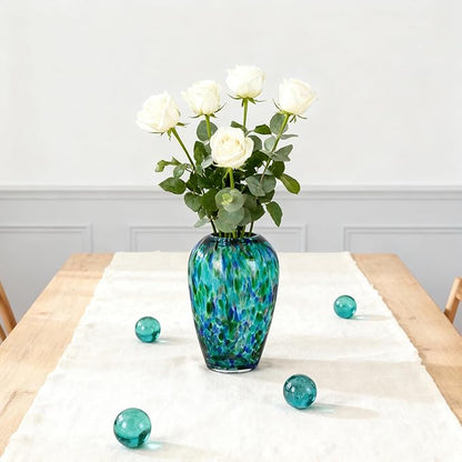 9" Tall Teal Vase Hand Blown Glass Vase Green, Modern Teal Home Centerpieces Wide Mouth Vases for Bud&Flower Decor - Ideal Living Room, Kitchen, Wedding, Dining Table, Office Center Table