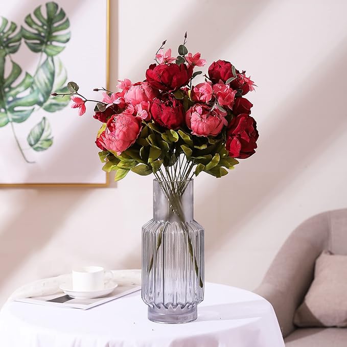 Duovlo Fake Flowers Vintage Artificial Peony Silk Flowers Wedding Home Decoration,Pack of 1 (New Red)