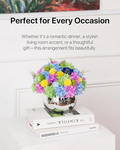 JoyFlower Preserved Flowers Vase Glass Decor, Eternal Flower Vases for Centerpiece, Forever Flower Decorations for Home Wedding Party Table Living Room Bedroom, Preserved Roses in Glass Vase(Colorful)