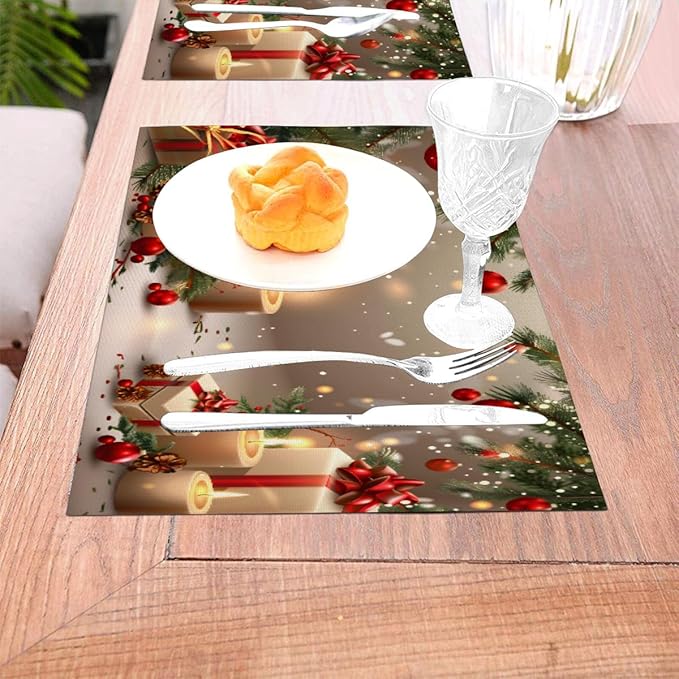 PVC Placemats Set of 6 Wipeable Table Mats Washable Heat Resistant Non Slip Vinyl Dining Table Mat for Kitchen Indoor Outdoor Patio Farmhouse Place Mats Christmas Candle Gift Decorative