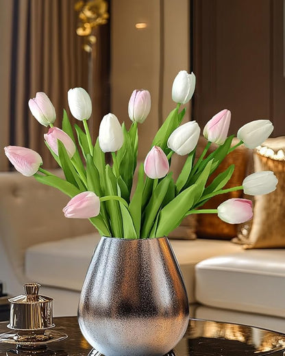 12pcs Tulips Artificial Flowers Real Touch Silk Faux Flowers Tulip Stems for Wedding Spring Bouquet Floral Arrangement Home Party Office Decorations (White & Pink)