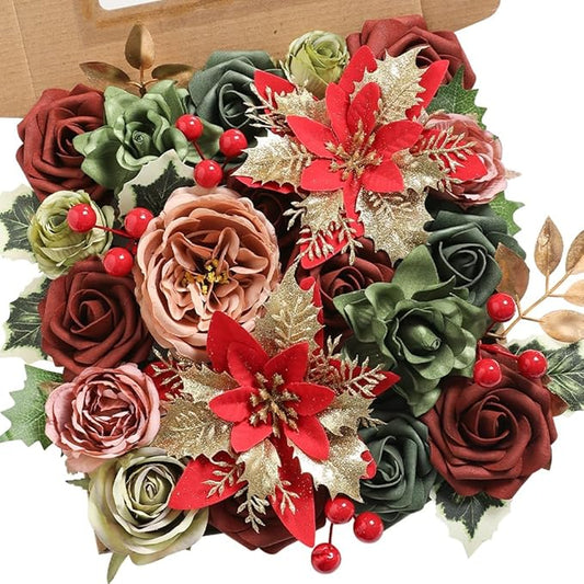 Artificial Christmas Flowers Set with Poinsettia, Fake Roses, Greenery Leaves & Stems for DIY Christmas Decor - Wreath, Tree Ornaments, Wedding Bouquets, Centerpieces, Home Floral Arrangement