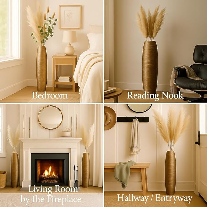 Leewadee Large Gold Home Decor Floor Vase - Wooden 26 inch Tall Farmhouse Decor Flower Holder for Fake Plant and Pampas Grass