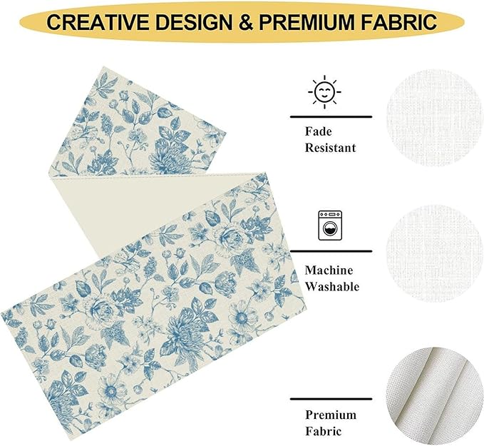 Blue Floral Table Runner, Spring Summer Sketch Wildflower Vintage Country Farmhouse Coffee Table Center Decor for Home Kitchen Dining Patio Holiday Party Table Decorations 13x108 inches