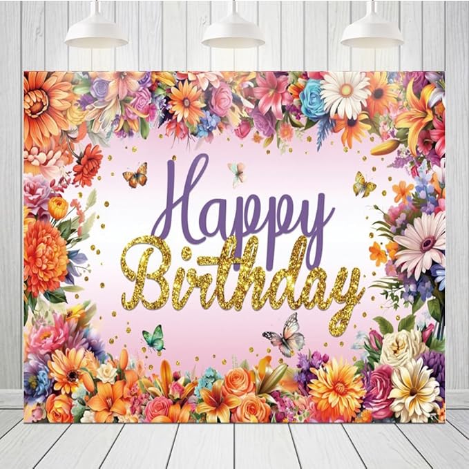 Colorful Flowers and Butterflies Birthday Backdrop, 10x8ft, Polyester Fabric, Deal for Photo Shoots, Celebrations, and Decor, Perfect for Birthday Party Decoration and Event Photography