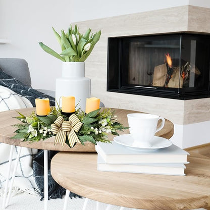 Candle Holder Centerpiece for Table,3 Wick Candle Holder with Artificial Gypsophila Flower,Artificial Eucalyptus Leaves Magnolia Holly Berries and Striped Bow for Table Centerpiece Decor,Dining Room