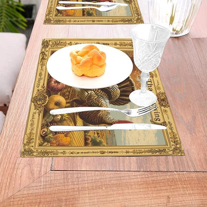 PVC Placemats Set of 6 Wipeable Table Mats Washable Heat Resistant Non Slip Vinyl Dining Table Mat for Kitchen Indoor Outdoor Patio Farmhouse Place Mats Retro Turkey Thanksgiving Decorative