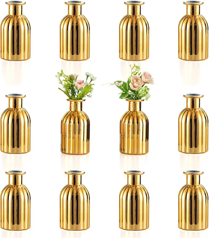 NUPTIO Bud Vases Small Gold: 12 Pcs Glass Vase Set in Bulk for Flowers - Mini Vintage Flower Bottle Single Vases for Wedding Table Centerpieces