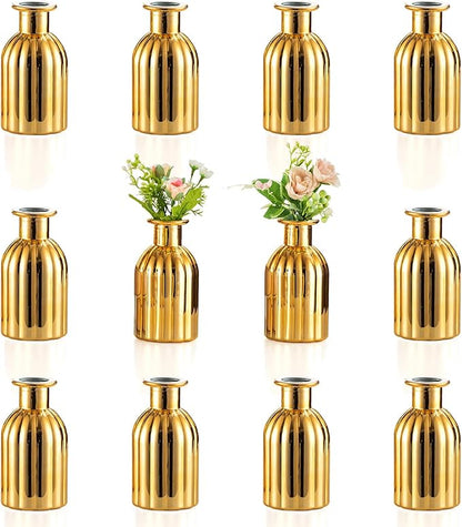NUPTIO Bud Vases Small Gold: 12 Pcs Glass Vase Set in Bulk for Flowers - Mini Vintage Flower Bottle Single Vases for Wedding Table Centerpieces