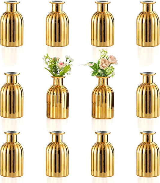 NUPTIO Bud Vases Small Gold: 12 Pcs Glass Vase Set in Bulk for Flowers - Mini Vintage Flower Bottle Single Vases for Wedding Table Centerpieces