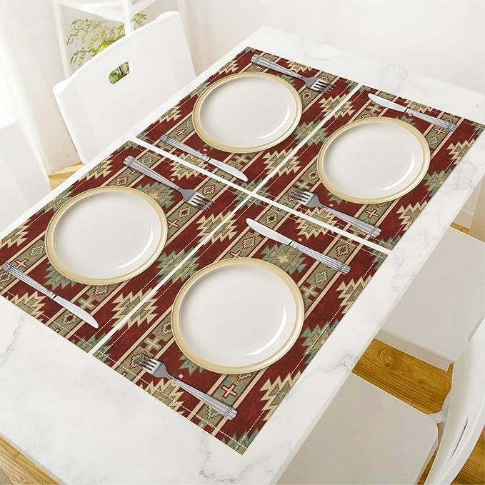 Retro Aztec Placemats Set of 4 Western Native American Tribal Art Printed Dining Table Mats for Restaurant Home Kitchen Holiday Decor 12x18in
