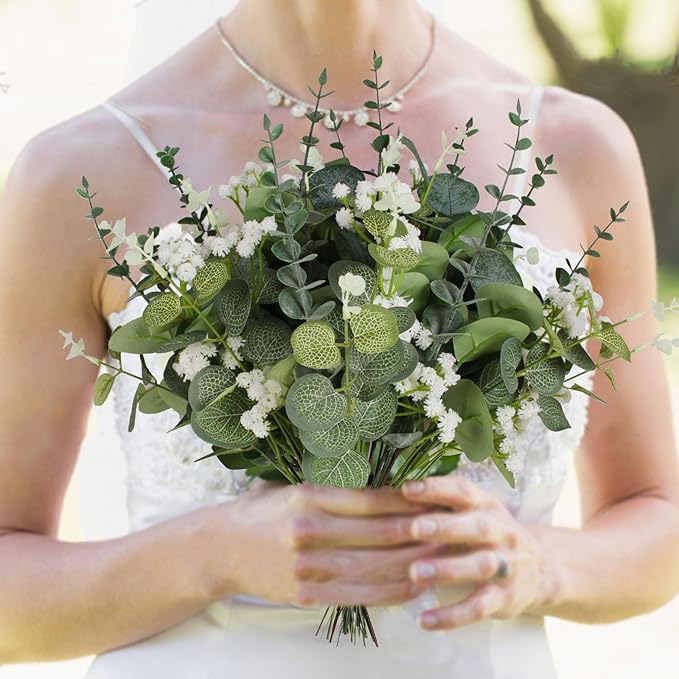 Artificial Eucalyptus Leaves Stems 120 Pcs 4 Kinds Mixed Fake Silver Dollar Eucalyptus Leaves Stem with Babysbreath Bulk Faux Leaf for DIY Bouquets Floral Arrangement Wedding Home Decor