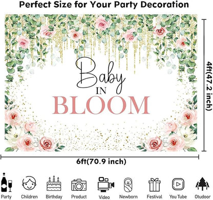 Sensfun Baby in Bloom Backdrop Green Leaves Pink Flowers Baby Shower Party Decorations Girls Greenery Floral Baby in Bloom Banner Gold Glitter Dots Photography Background Cake Table Supplies 6x4ft