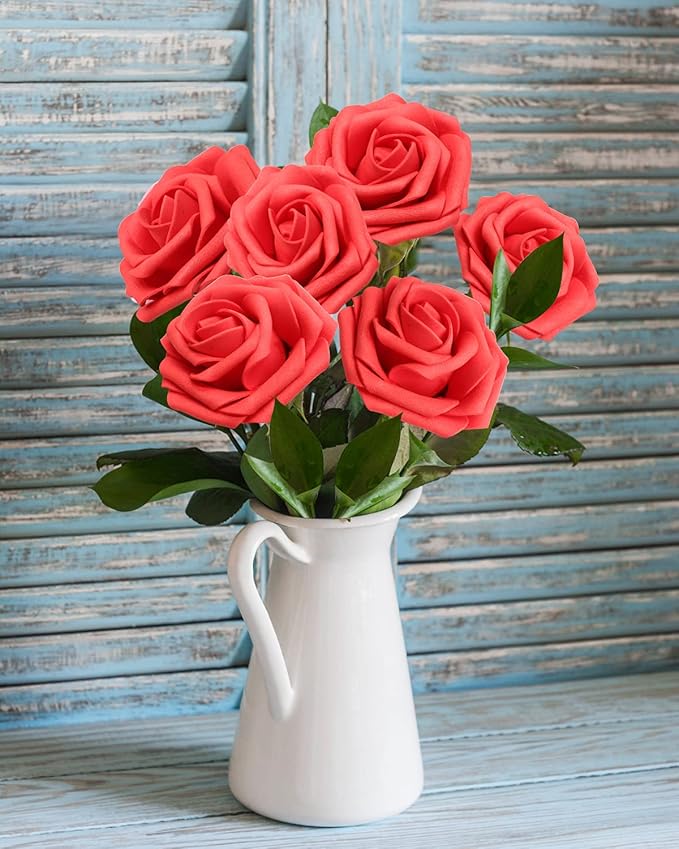 JOYLEX Artificial Flowers Realistic Roses, 50pcs Real Looking Fake Roses with Stem for DIY Wedding Bouquets Centerpieces Bridal Shower Party Home Romantic Decorations (Regular 3" - 50pcs, Red)