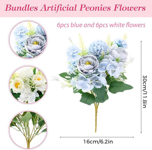Olgaa 12 Bundles Peonies Artificial Flowers Silk Flowers Fake Peony Bouquet Faux Peonies Flowers Bulk for Wedding Decor Centerpiece Table Decorations (Blue White)