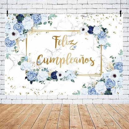 MEHOFOND 8x6ft Feliz cumpleaños Backdrop Blue and White Flowers Birthday Photography Background Girls Geometric Gold Glitter Dots Birthday Floral Party Decorations Cake Smash Decor Studio Photo Props