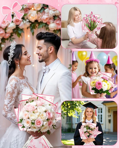 Liobelon 20 Sheets Flower Wrapping Paper Waterproof Bouquet Paper Bow Pattern Rose Pink Gift Wrapping Paper for Flower Shop, Wedding, Birthday Party, Handmade DIY, Anniversary 22.8 x 22.8Inch