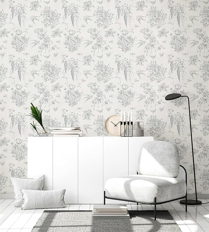 Cream White and Gray Peel and Stick Wallpaper Vintage Floral Contact Paper 16.9"x196.8" Floral Birds Self Adhesive Removable Wallpaper Grey Flowers Decorative Wall Paper for Bathroom Cabinets