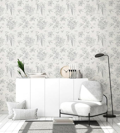 Cream White and Gray Peel and Stick Wallpaper Vintage Floral Contact Paper 16.9"x118.1" Floral Birds Self Adhesive Removable Wallpaper Grey Flowers Decorative Wall Paper for Bathroom Cabinets