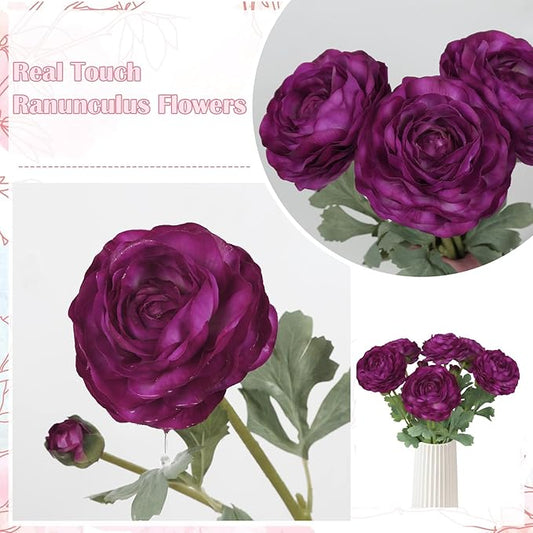 Ranunculus Artificial Flowers,6PCS Real Touch Flowers Bulk Purple Ranunculus Faux Flowers for DIY Wedding Bouquet Party Table Home Decor(Purple)
