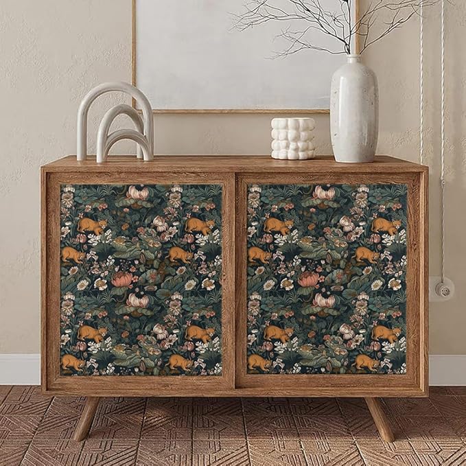 Vintage Maximalism Lotus Floral Animals Forest Green Leaf Peel and Stick Wallpaper Easy Peel Off Stick on Adhesive Wall Paper for Waterproof Renter