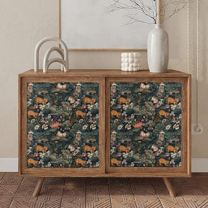 Vintage Maximalism Lotus Floral Animals Forest Green Leaf Peel and Stick Wallpaper Easy Peel Off Stick on Adhesive Wall Paper for Waterproof Renter