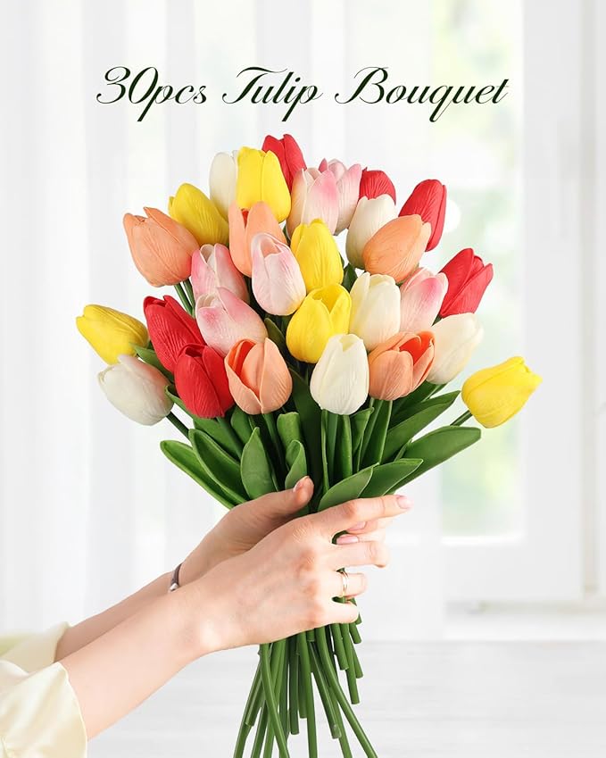 MACTING 30PCS Artificial Tulip Flowers 13.7" Real Touch Fake PU Tulips Bouquet Faux Flowers for Floral Arrangements Table Centerpiece Kitchen Indoor Outdoor Summer Decor (Multi Colors-1)