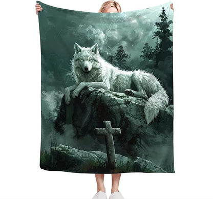 Wolf Christian Throw Blanket - Gifts and Decor for Women Men Adults - Soft Warm Cozy Fleece for Couch Sofa Bed 50"x40"