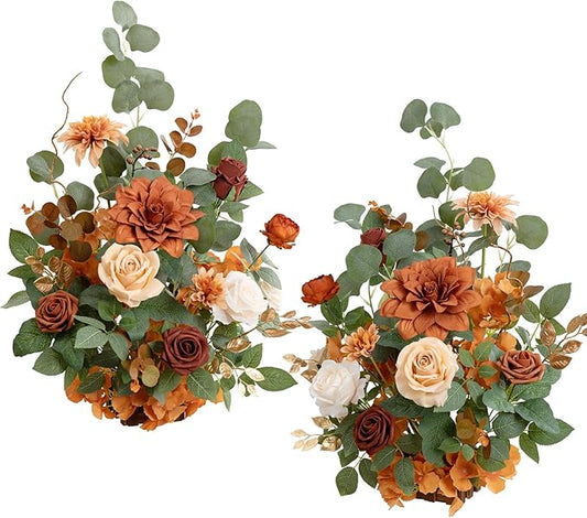 Ling's moment 17.5" Tall Standing Artificial Flowers Arrangements 2 pcs Wedding Aisle Runner Chair Decorations Terracotta & Burnt Orange Centerpieces for Ceremony Reception Rose Floral Party Outdoor