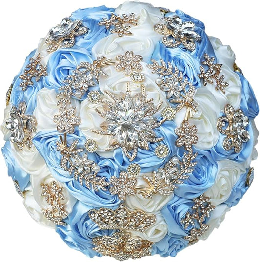 Handmade Satin Rose Floral Bling Pearl Decor Bridal Wedding Bouquet Rhinestone Pendant Artificial Brooch Flowers for Bride Bridesmaid Quinceanera