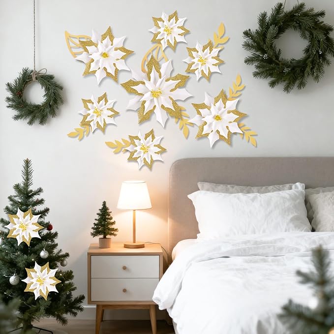 15PCS Poinsettia Flowers Artificial Christmas Decorations White Gold Poinsettia Large Flowers for Wall Christmas Tree Ornaments Glitter Poinsettias Flower Wreath Garland Window Door Xmas Tree Decor